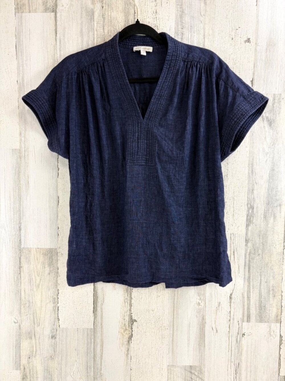 Ann Mashburn Sz M Libby Top Navy Blue Linen Trapunto Stitch